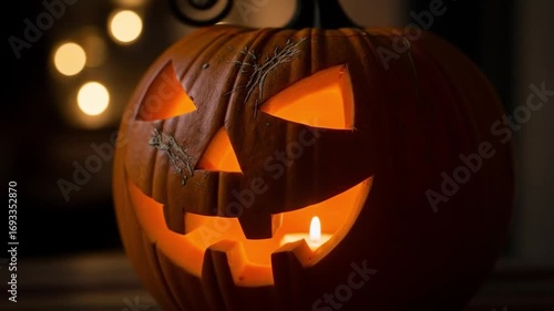 Glowing jackolantern with cutout face and candle inside set against blurred dark background