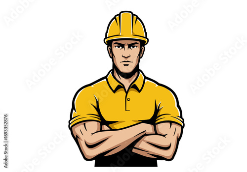Construction Worker Icon – Strong Builder in Hard Hat Vector Illustration