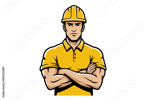 Construction Worker Icon – Strong Builder in Hard Hat Vector Illustration