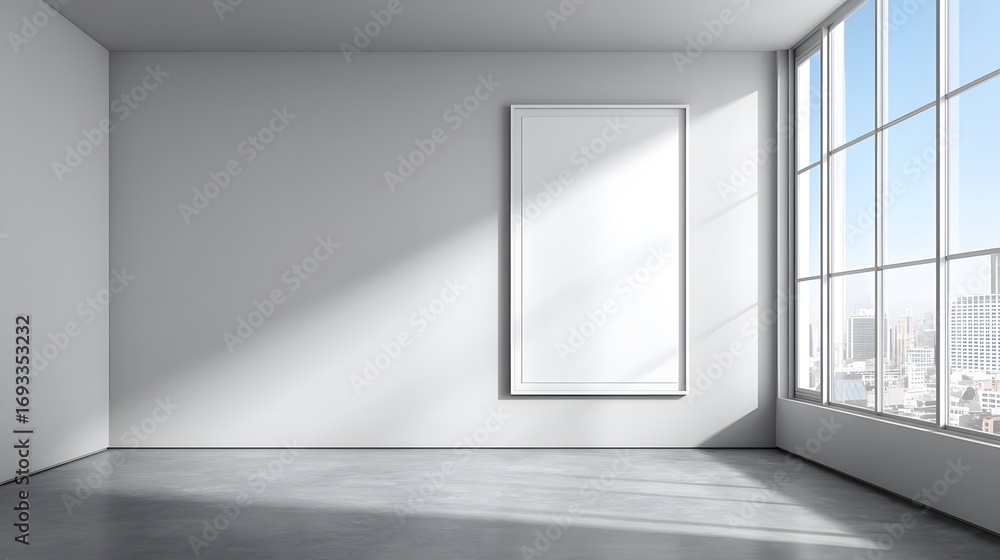 Obraz premium A modern, minimalist interior space with a large window showcasing a cityscape.