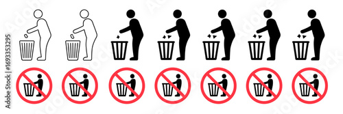 Throw Trash Icon Set – Person Putting Garbage in Bin Silhouette Vector