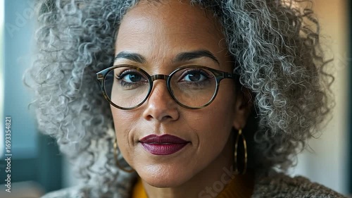 Closeup of confident mature woman with curly gray hair and glasses in natural light