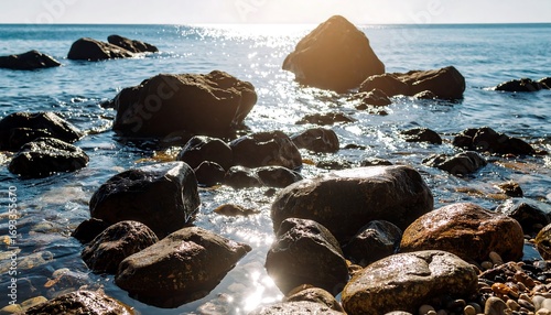Rocky seashore at sunrise