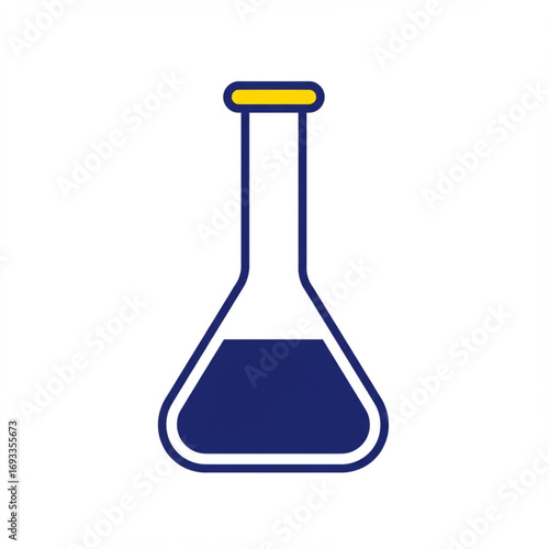 Bold graphic icon of a chemical Erlenmeyer flask filled with blue liquid, symbolizing scientific experiments, laboratory procedures, chemistry research, and educational science concepts