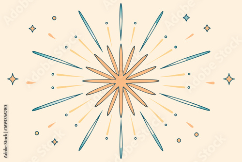 Elegant Celestial Starburst Design with Soft Pastel Colors and Hand Drawn Style for Festive Occasions
