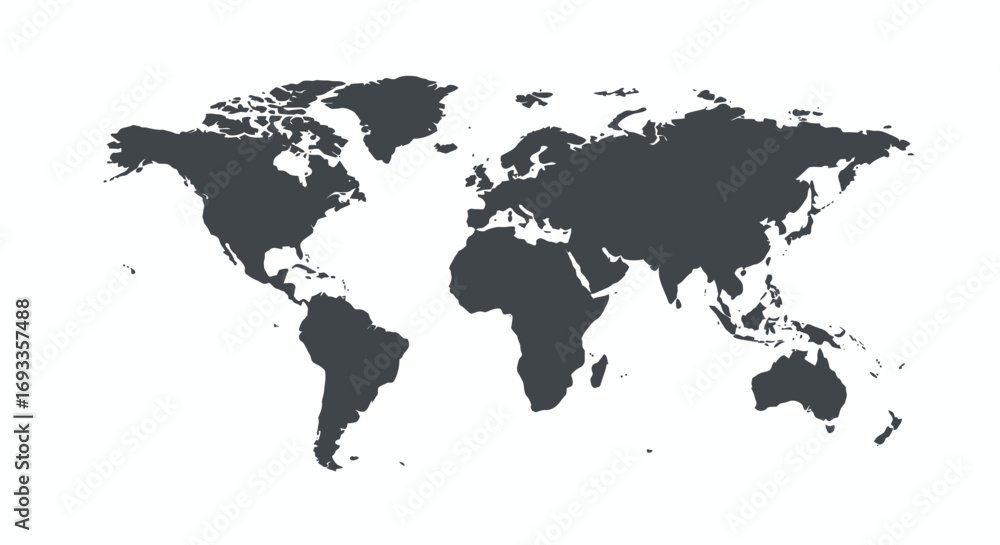 Obraz premium A stylized, dark gray vector silhouette of the world map displayed against a clean white background, perfect for global concepts.