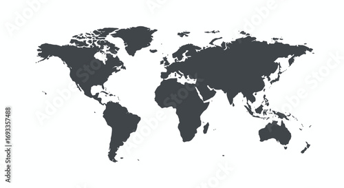A stylized, dark gray vector silhouette of the world map displayed against a clean white background, perfect for global concepts.