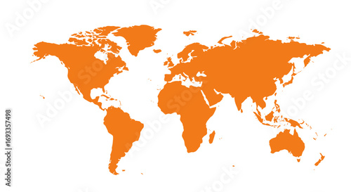 A vibrant orange silhouette of the global landmasses, depicting a modern and simplified world map, isolated on a clean white background for design.