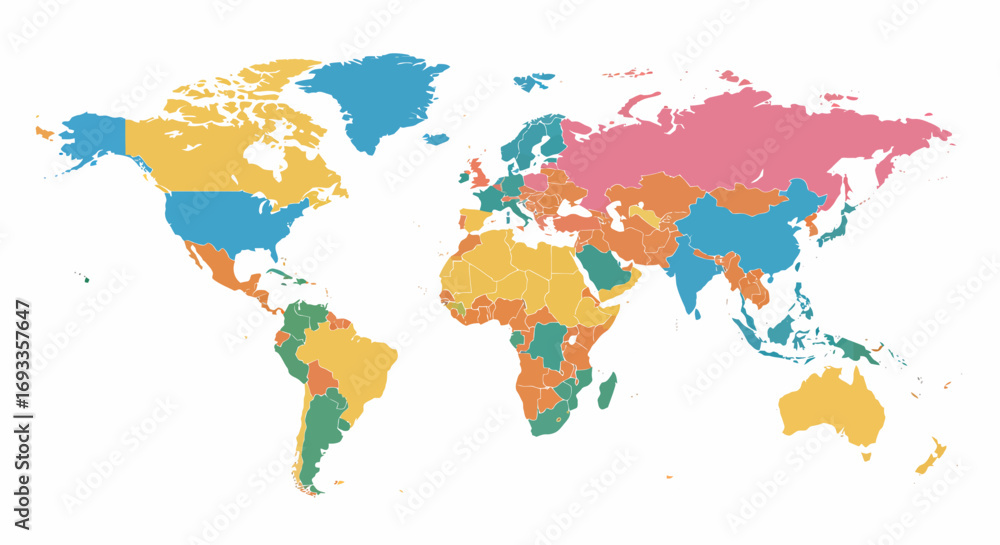 Fototapeta premium Colorful world map illustration with countries divided by distinct colors, presented as a clean vector graphic on a white background.