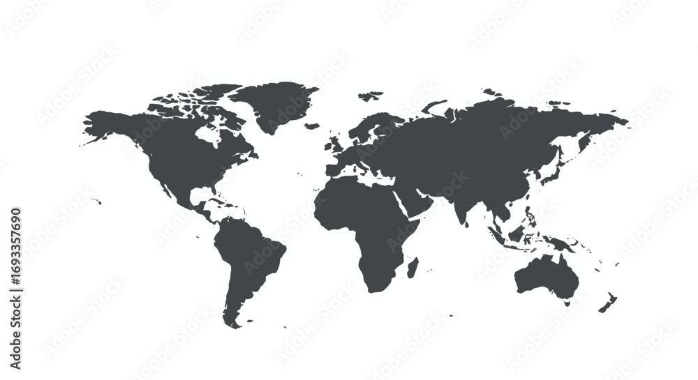 Naklejka premium A simple, dark gray vector illustration of a world map on a white background, perfect for travel, geography, and educational projects, available as a transparent PNG.