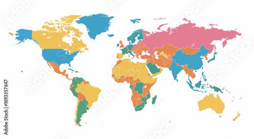 Colorful world map illustration with countries divided by distinct colors, presented as a clean vector graphic on a white background.