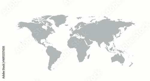 A simple, gray-colored vector illustration of a world map, perfect for educational materials, travel websites, or any project needing a global representation on a clean white background.