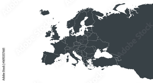 High-detail vector world map showcasing Europe's countries in dark gray PNG format, ideal for presentations, reports, and educational materials, offering a clean and professional aesthetic.