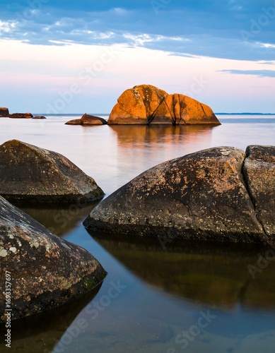 Rocky shoreline at dusk