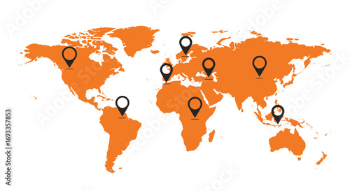 Detailed vector world map illustration with location pin markers, ideal for presentations, infographics, or global business concepts, showcasing a connected world.