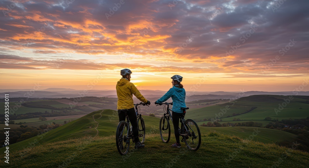 Fototapeta premium Sunset Cycling Couple's Reverie: A couple of cyclists pauses atop a hill, bikes at the ready, gazing at the vibrant sunset that paints the sky in warm hues.
