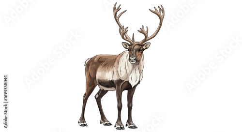 A detailed illustration of a majestic caribou with large antlers, standing proudly against a white background.