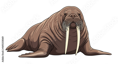 Illustration of a walrus with long tusks lying down.