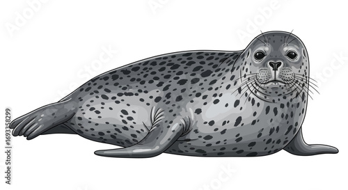 Gray Seal resting on a white background, showing detailed spots and features.