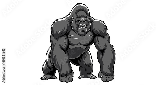 A powerful black and white illustration of a muscular silverback gorilla standing in a strong, intimidating pose.