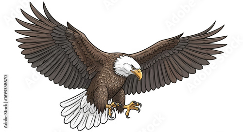 A majestic bald eagle with its wings spread wide, captured in mid-flight with sharp talons extended.