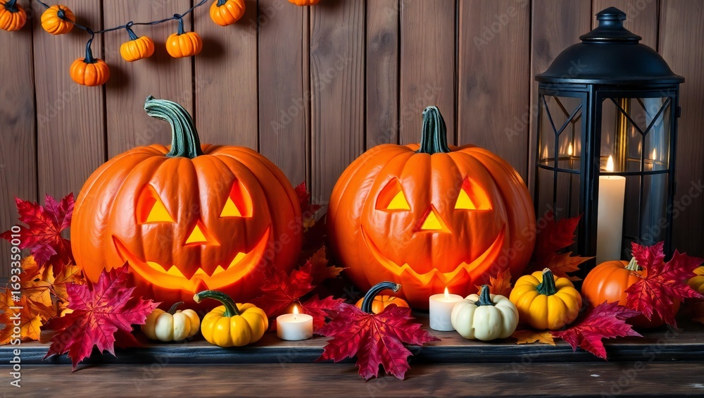 Obraz premium Two glowing carved halloween pumpkins with autumn leaves and a lantern