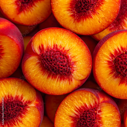 Close-Up Shot of Freshly Cut Peaches, Showcasing Juicy Flesh and Vibrant Colors with Rich Detail