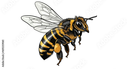 Illustration of a honeybee in flight, showcasing its wings, stripes, and pollen baskets, against a white background.