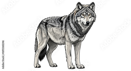 A realistic illustration of a gray wolf standing alert with its fur detailed in shades of gray, black, and white.