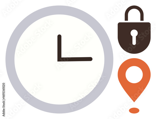 Clock with gray outline, brown lock, and orange location pin highlighting security, punctuality, and navigation. Ideal for schedule, privacy, timekeeping, GPS access control efficiency mapping