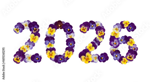 2026 New Year Floral Design: Purple and Yellow Pansies png alpha channel isolated on transparent background