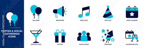 Parties & Social Gatherings Blue Colored Outline Icon Set