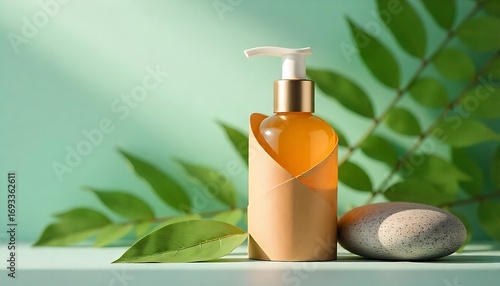 Natural organic skincare serum bottle with leaf and stone, clean spa aesthetic, serene wellness.