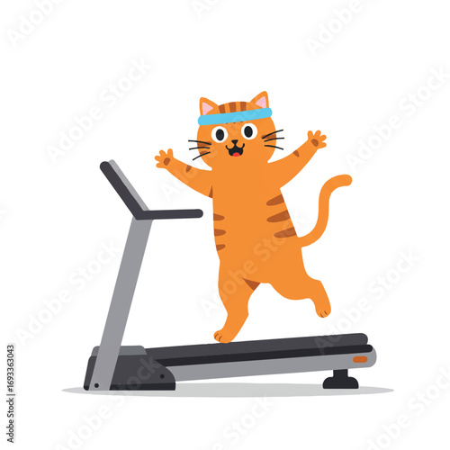 A bewildered cat wearing a tiny headband struggles humorously to stay on a fast-moving treadmill, its paws comically flailing in a clean, minimalist 2D flat vector illustration.