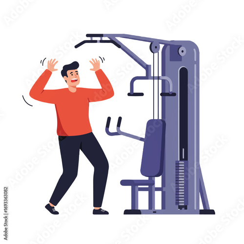 Funny character hilariously misinterpreting complex gym machine use, creating an absurd and ineffective exercise in a minimalist 2D flat vector illustration, isolated on white background.