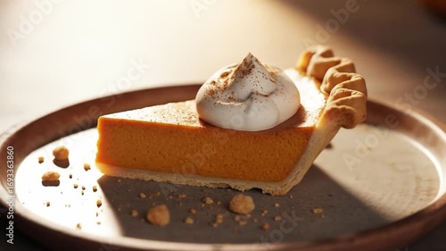 Slice of pumpkin pie with whipped cream on a plate