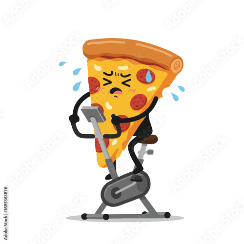 A determined anthropomorphic pizza slice sweats profusely while riding a stationary bike, conveying regret and resolve in a minimalist 2D flat vector illustration.