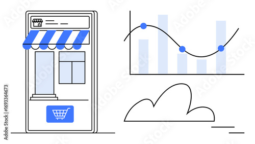 Mobile storefront with striped awning and shopping cart icon paired with a graph showing sales trends. Ideal for e-commerce, marketing, analytics, online sales, digital growth, strategy, simple flat