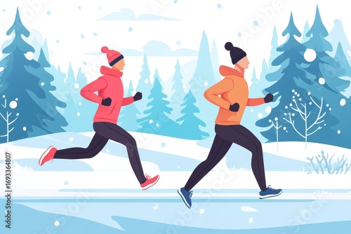 Two individuals jogging in a snowy forest landscape