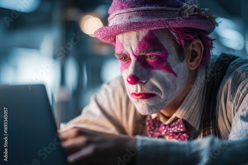 A sad clown with purple makeup and a matching hat intently stares at a laptop screen