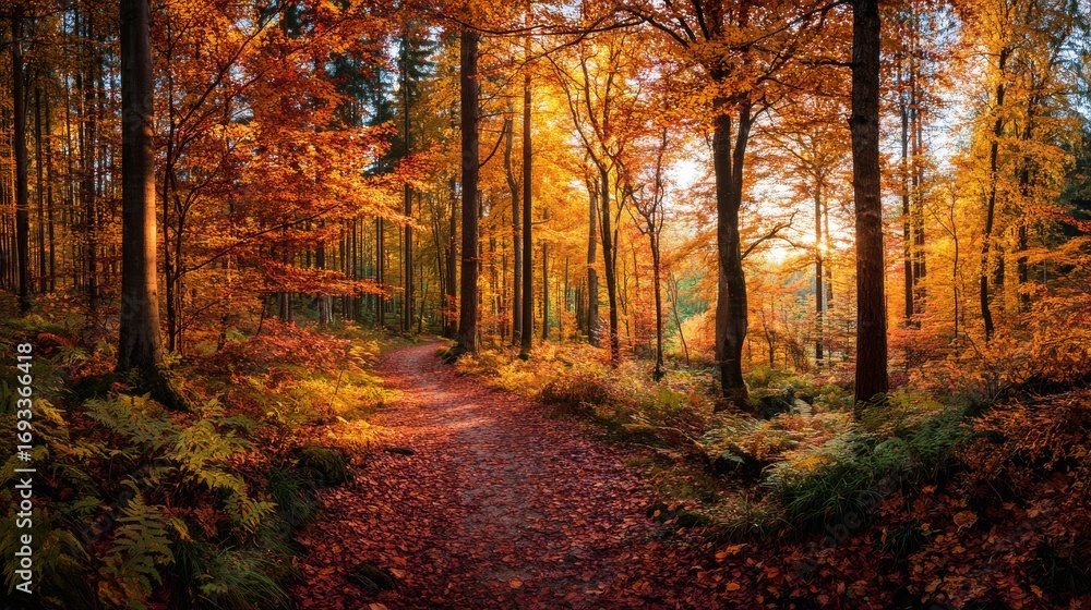 Fototapeta premium Autumn forest with warm golden leaves covering trail illuminated by sunlight symbolizing natural beauty, outdoor relaxation, and peaceful seasonal exploration