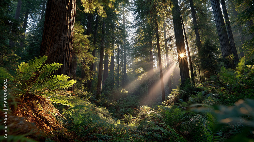 Fototapeta premium Sun-Dappled Forest Canopy: A serene and inspiring photo showcases the captivating beauty of an ancient forest, sunlight streaming through towering trees and illuminating the lush green forest floor. 