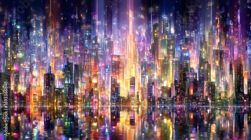 A vibrant, futuristic metropolis, with towering skyscrapers, reflecting brilliantly in the tranquil waters below, illuminated by a spectrum of glowing colors.