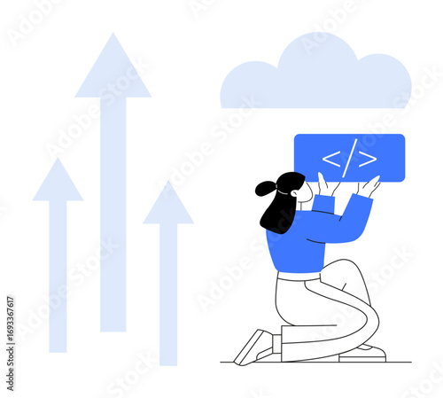 Woman elevating coding interface next to arrows and cloud, symbolizing growth, cloud technology, coding. Ideal for software, innovation, tech startups, data science, education cloud computing