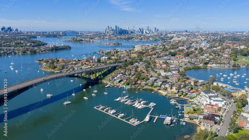 Fototapeta premium The Gladesville Bridge crossing the Parramatta river at Drummoyne.