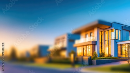 Modern residential homes with large windows illuminated at sunset, showcasing contemporary architecture