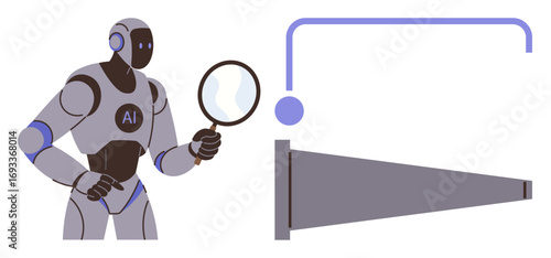 AI robot holding a magnifying glass examining data flow, symbolizing analysis, research, and machine learning. Ideal for technology, innovation, AI, automation, data analysis research futuristic