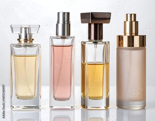 Four perfume bottles in various colors