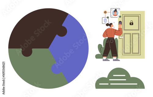 Woman using biometric facial recognition to open a locked door, framed by abstract globe and cloud shapes. Ideal for security, technology, biometrics, innovation, privacy, global tech, smart home