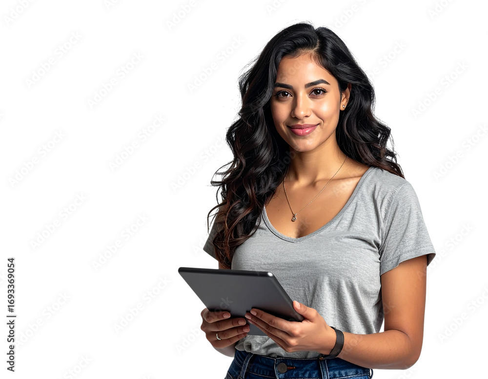 Smiling woman holds tablet with transparent background for branding and mockup templates. Smiling woman holds tablet with transparent background for branding and mockup templates.